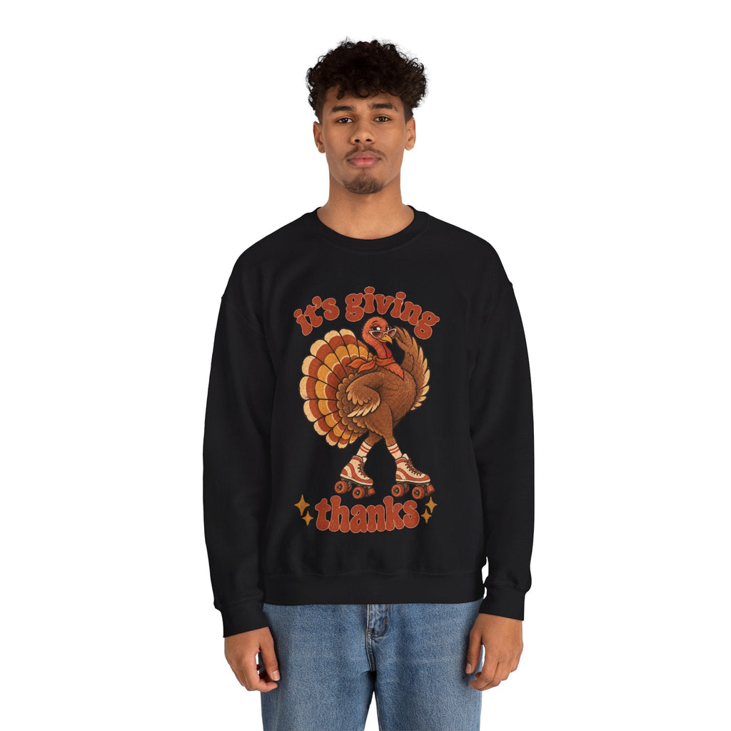 Wicked Thread Society black crewneck sweatshirt featuring a retro roller-skating turkey graphic for Thanksgiving.