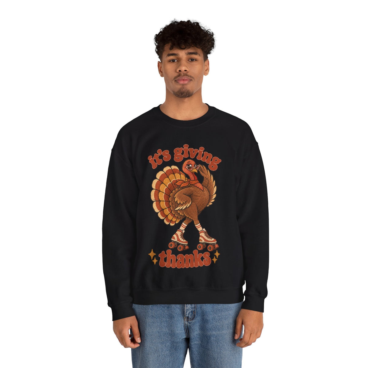 Wicked Thread Society black crewneck sweatshirt featuring a retro roller-skating turkey graphic for Thanksgiving.
