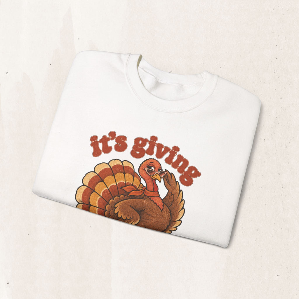 Wicked Thread Society white crewneck sweatshirt featuring a retro roller-skating turkey graphic and autumnal text.