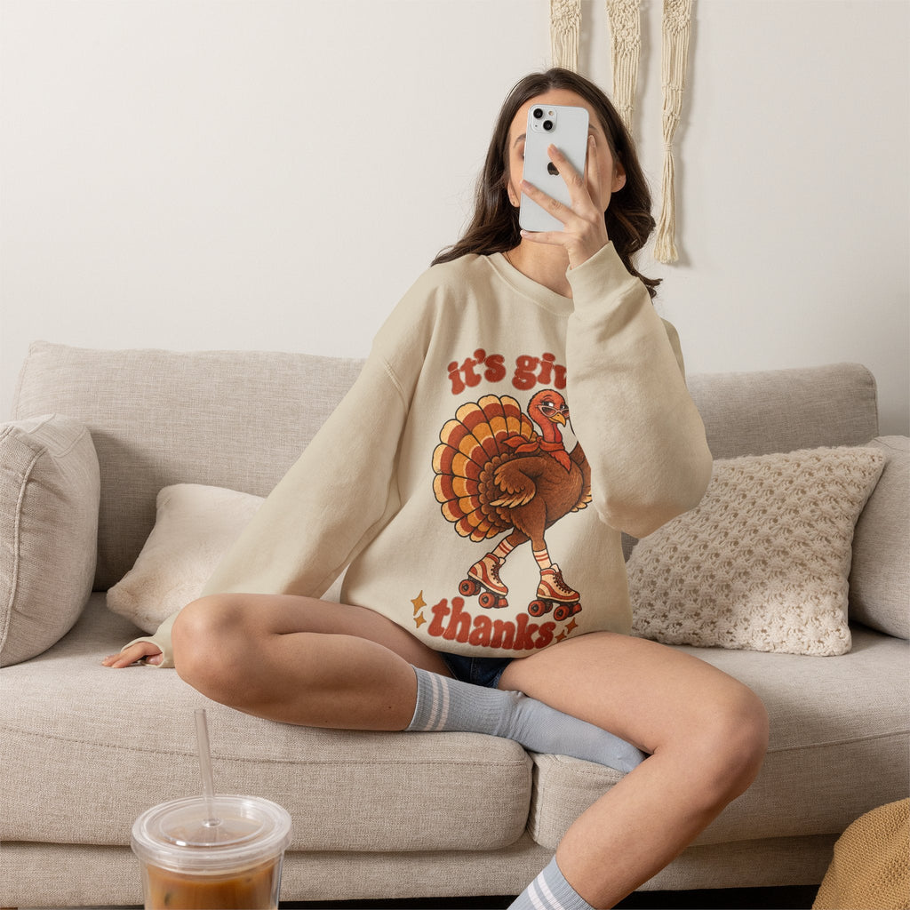 Wicked Thread Society beige crewneck sweatshirt featuring a retro roller-skating turkey graphic for Thanksgiving.