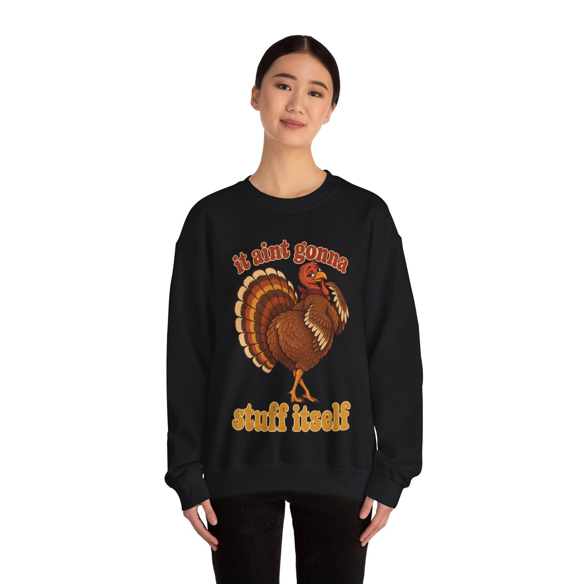 Wicked Thread Society black crewneck sweatshirt with a retro turkey graphic and It Ain't Gonna Stuff Itself text