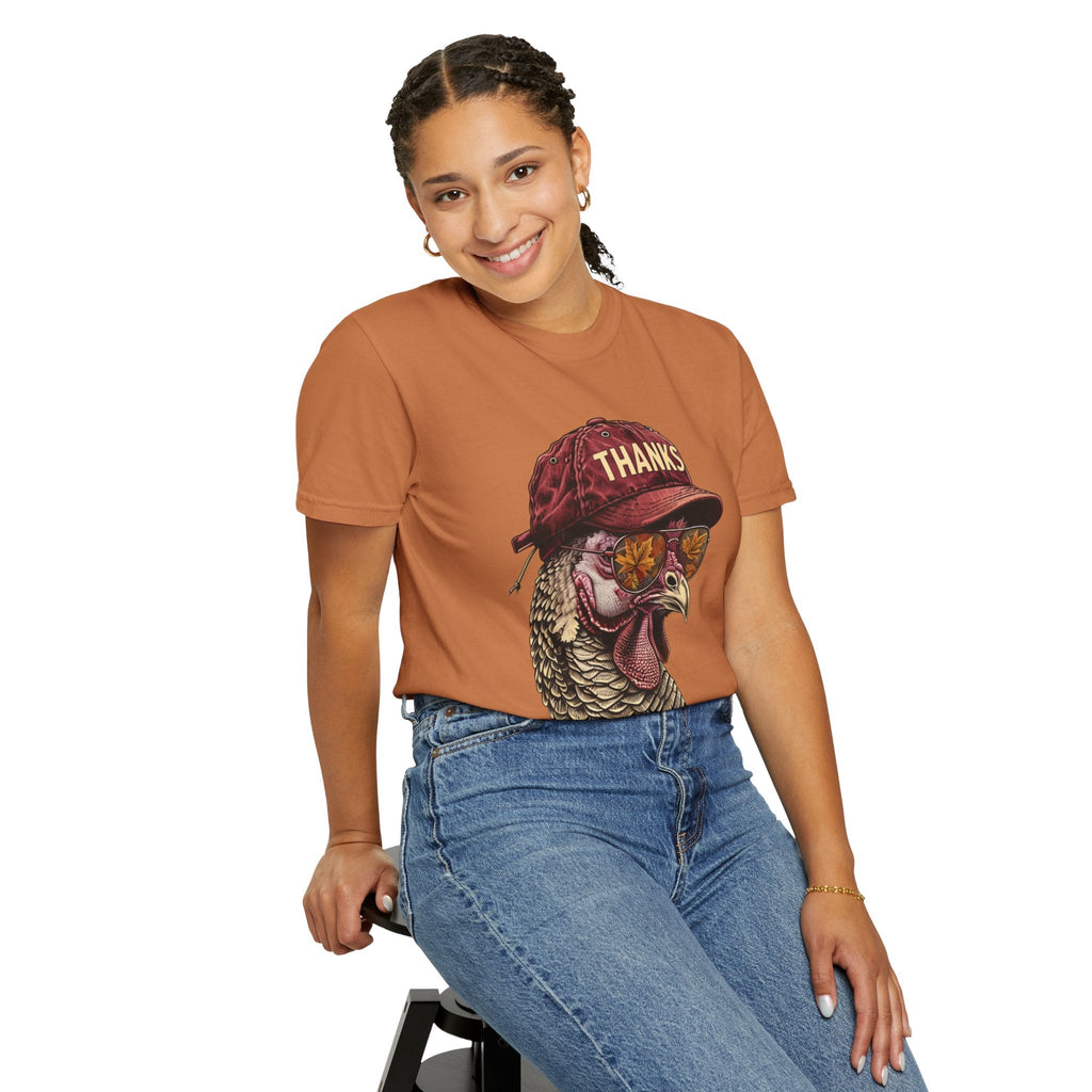 Wicked Thread Society Thanksgiving t-shirt in rust orange featuring a turkey wearing a baseball cap and sunglasses