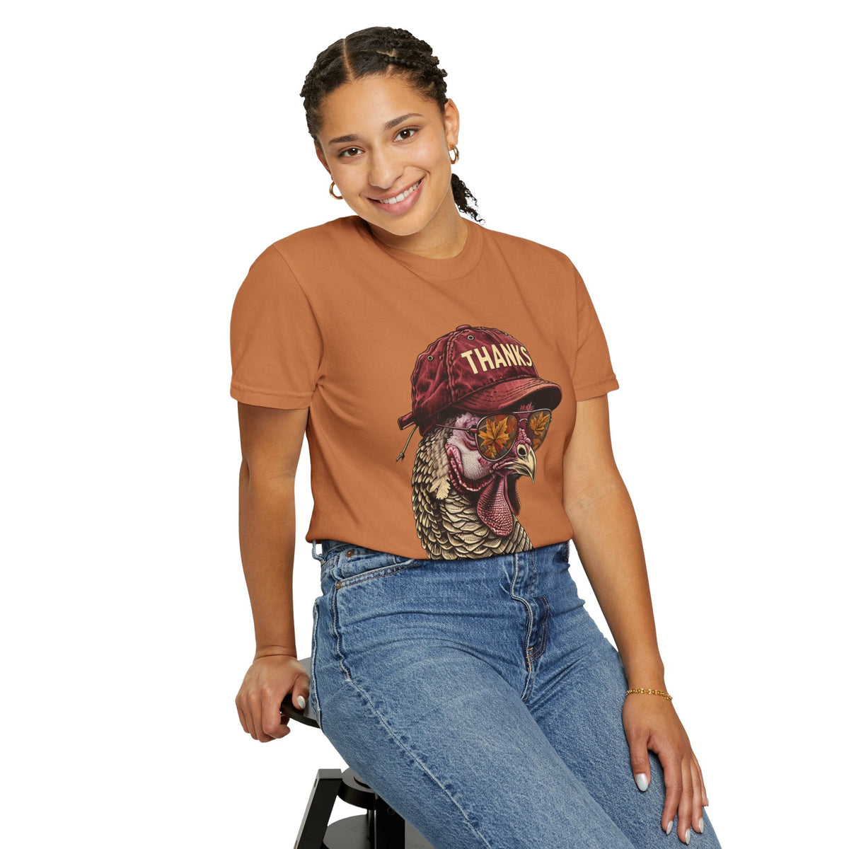 Wicked Thread Society Thanksgiving t-shirt in rust orange featuring a turkey wearing a baseball cap and sunglasses