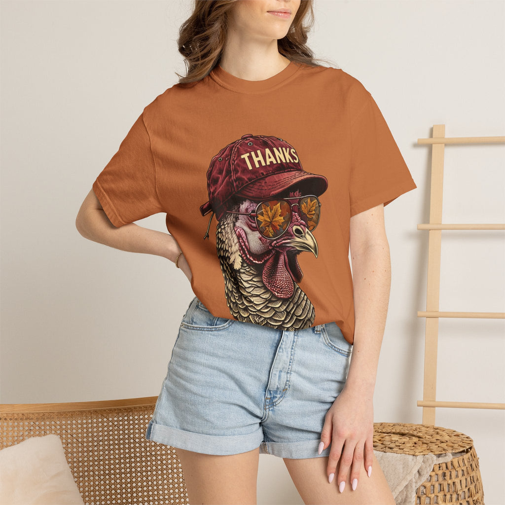 Wicked Thread Society Thanksgiving Turkey Tee in burnt orange with a graphic of a turkey wearing a cap and sunglasses.
