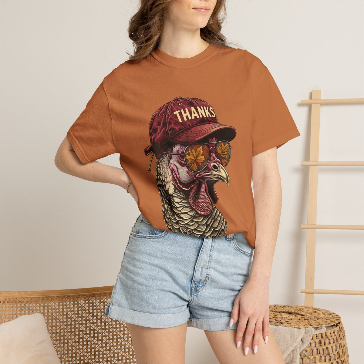 Wicked Thread Society Thanksgiving Turkey Tee in burnt orange with a graphic of a turkey wearing a cap and sunglasses.