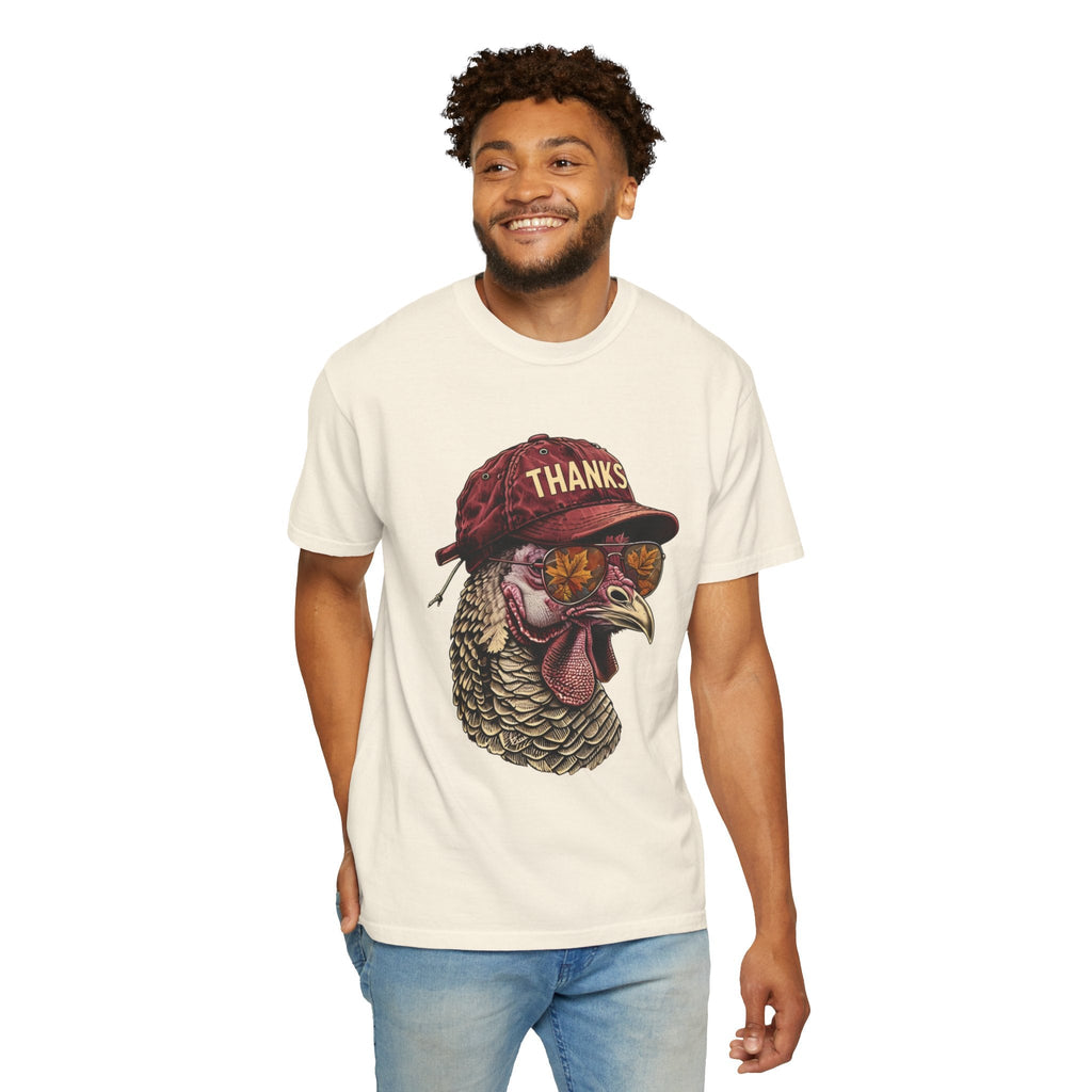Wicked Thread Society cream graphic t-shirt featuring a turkey wearing a baseball cap and sunglasses on a man