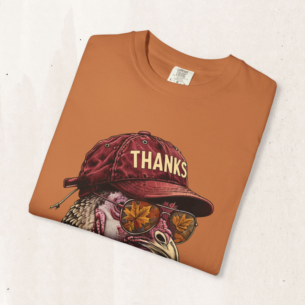 Wicked Thread Society Thanksgiving t-shirt in burnt orange featuring a turkey wearing a baseball cap and sunglasses.
