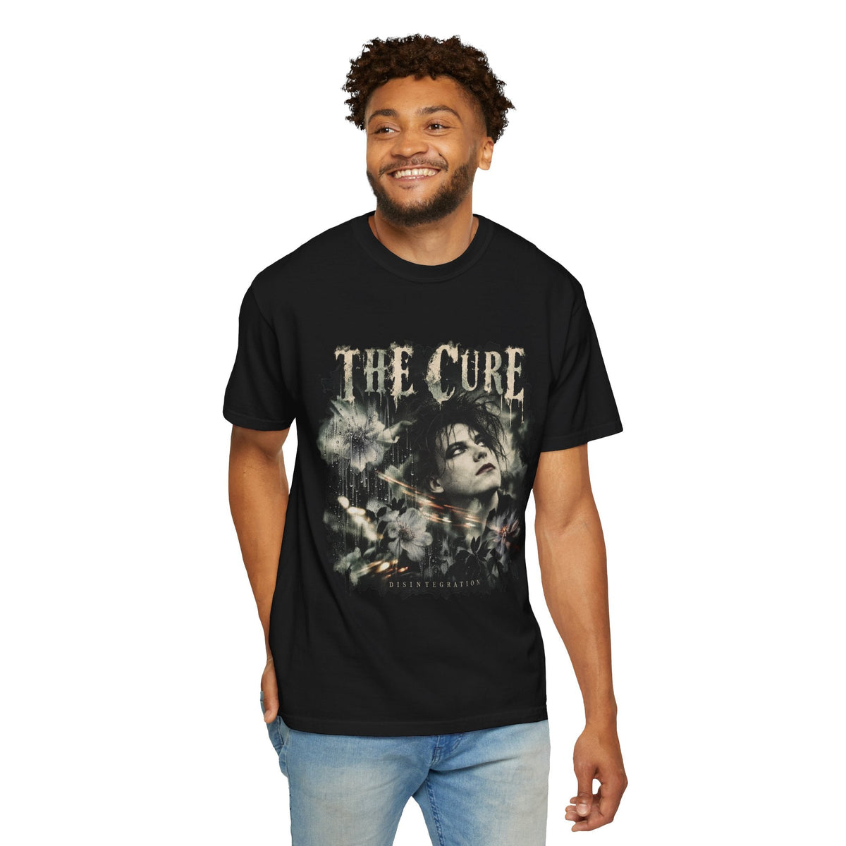Wicked Thread Society black heavyweight cotton t-shirt featuring a distressed The Cure gothic portrait graphic.