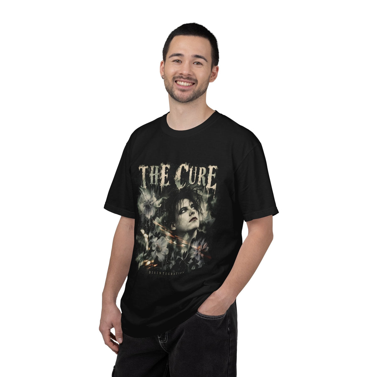Wicked Thread Society model wearing a black heavyweight cotton The Cure gothic portrait graphic t-shirt.