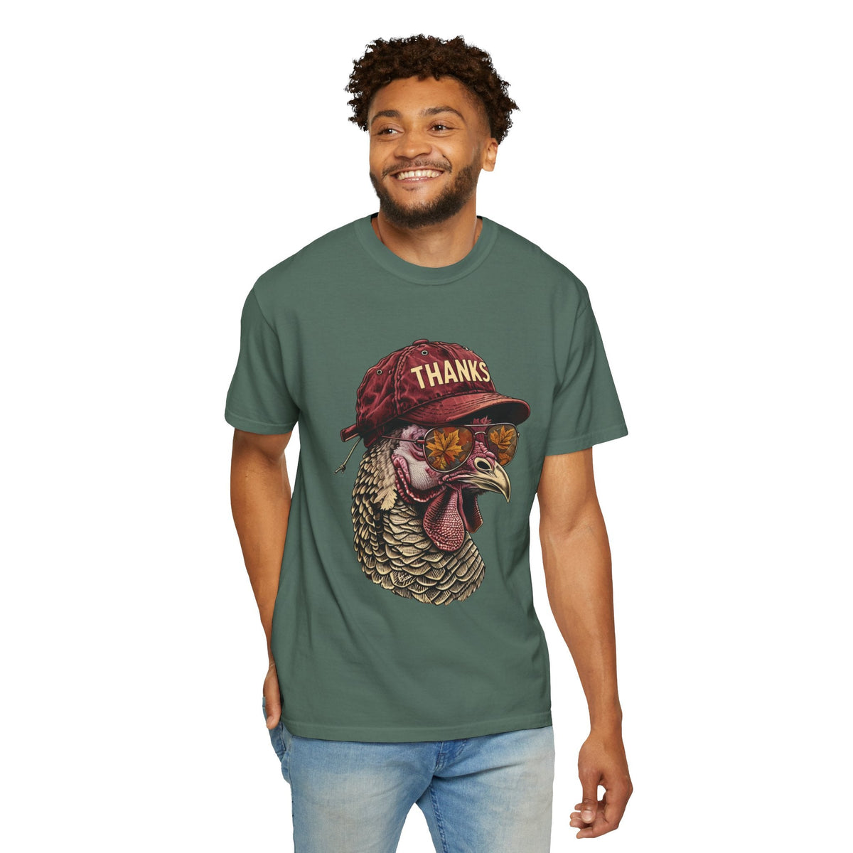 Wicked Thread Society green graphic t-shirt featuring a turkey wearing a baseball cap and sunglasses on a man