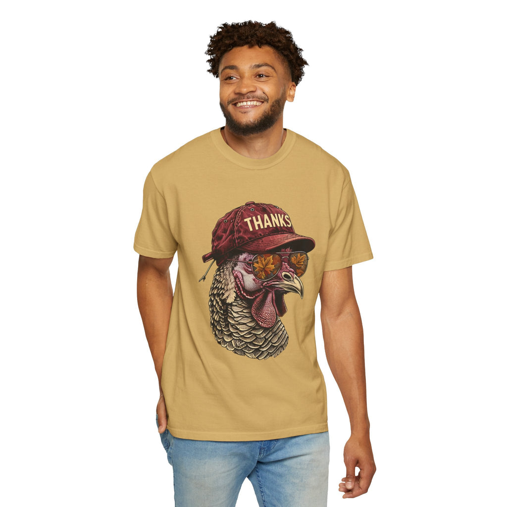 Wicked Thread Society tan t-shirt featuring a cool turkey graphic wearing a baseball cap and sunglasses