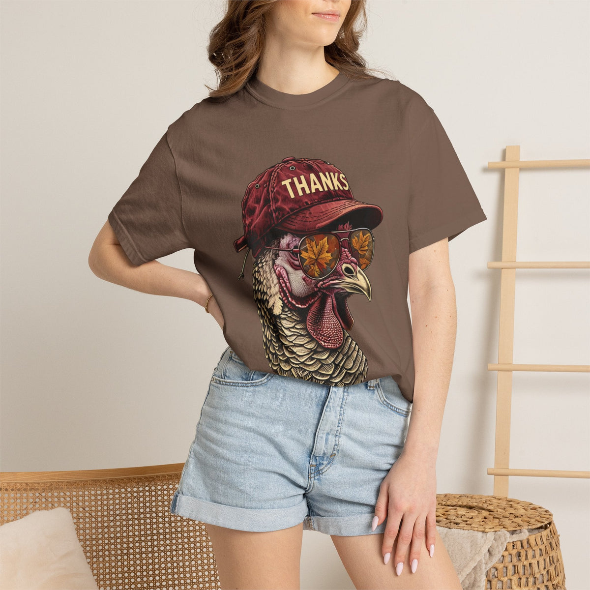 Wicked Thread Society brown t-shirt featuring a cool turkey wearing a baseball cap and sunglasses with autumn leaves.