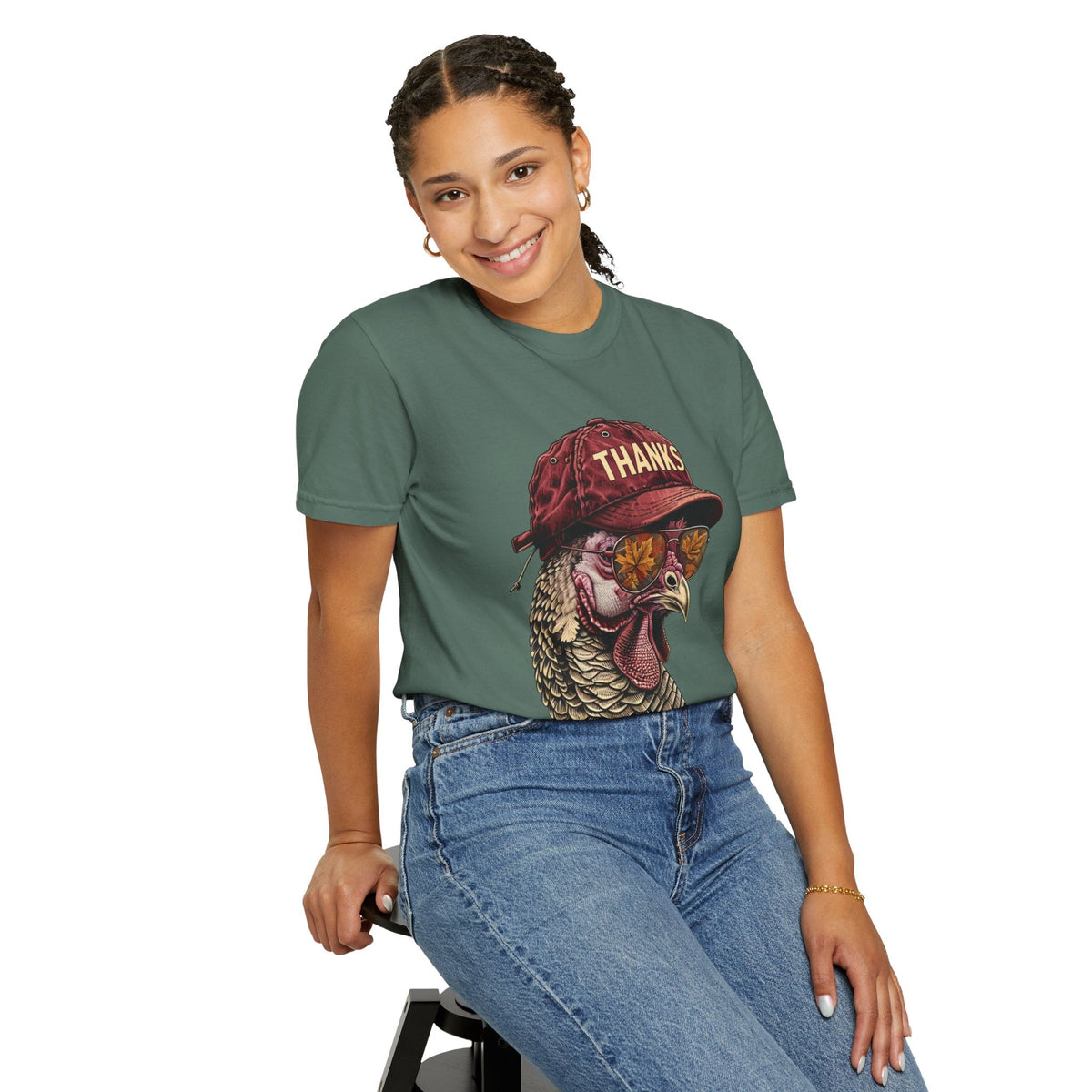 Wicked Thread Society green graphic t-shirt featuring a turkey wearing a red baseball cap and sunglasses on a model
