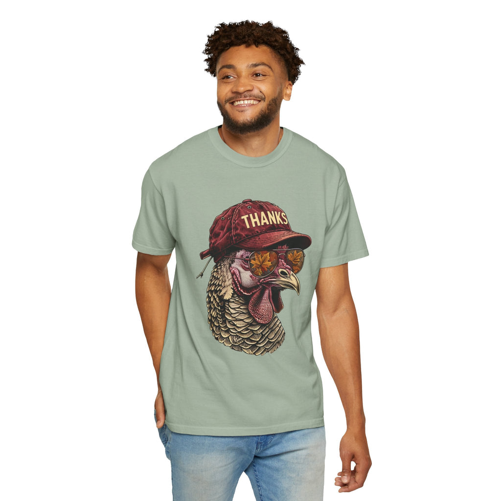 Wicked Thread Society sage green t-shirt featuring a graphic of a turkey wearing a baseball cap and sunglasses
