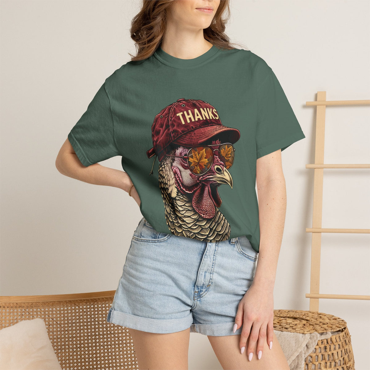 Wicked Thread Society dark green t-shirt featuring a turkey wearing a red baseball cap and sunglasses