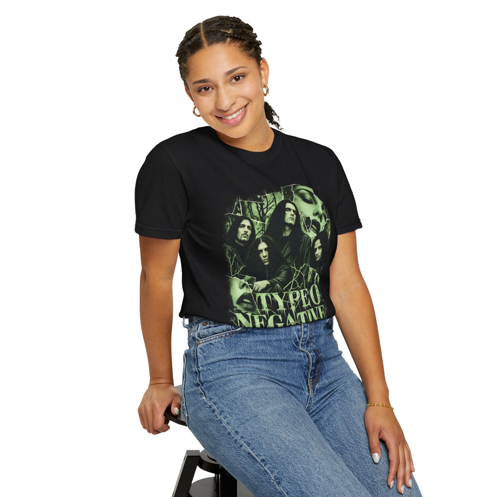 Wicked Thread Society black heavyweight cotton Type O Negative band t-shirt worn by a smiling woman in blue jeans.