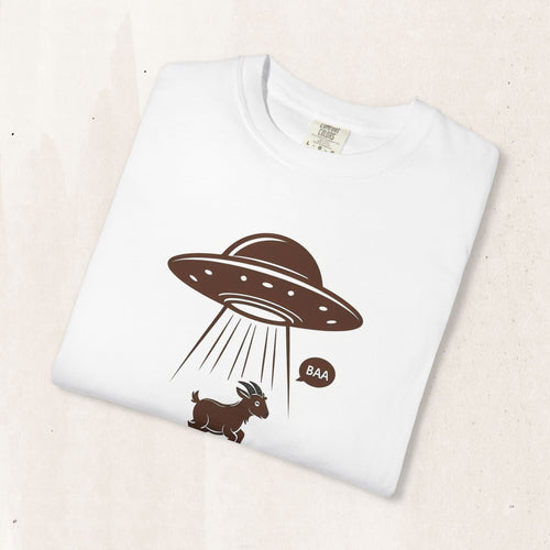 Wicked Thread Society white cotton t-shirt featuring a brown graphic of a UFO abducting a goat saying BAA.
