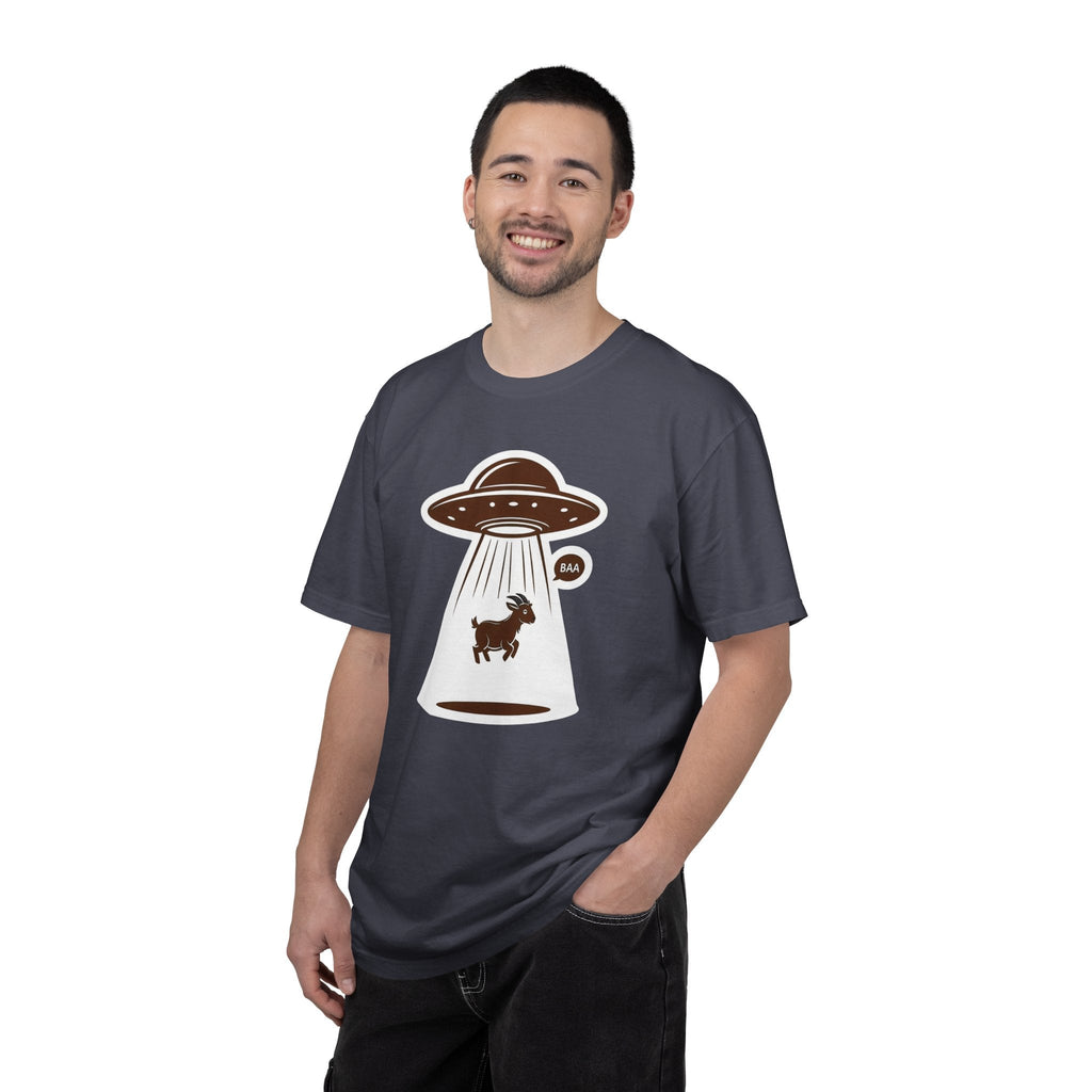 Wicked Thread Society charcoal grey heavyweight cotton t-shirt featuring a playful UFO goat abduction graphic.