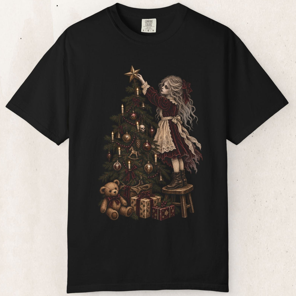 Wicked Thread Society black heavyweight cotton t-shirt featuring a vintage Victorian girl decorating a Christmas tree.