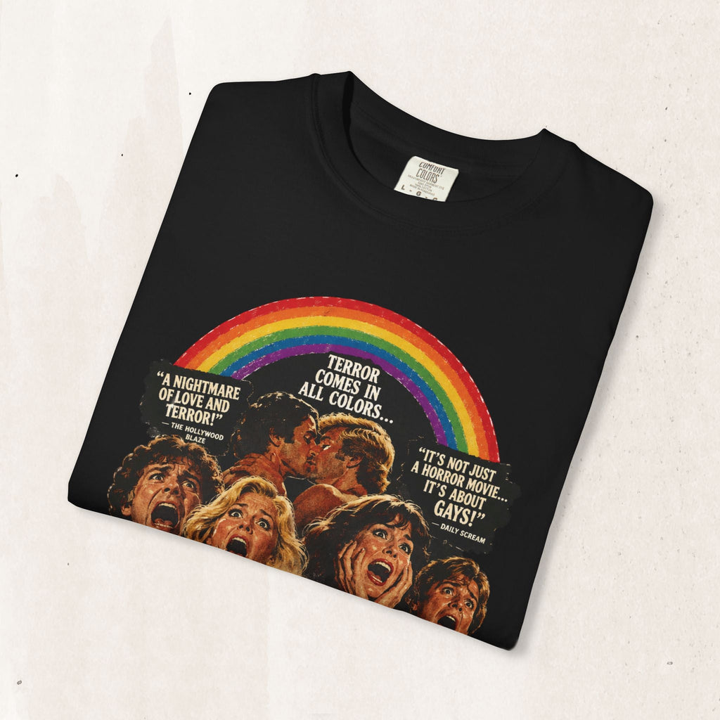 Wicked Thread Society black heavyweight cotton t-shirt featuring a retro horror movie poster print with a rainbow.