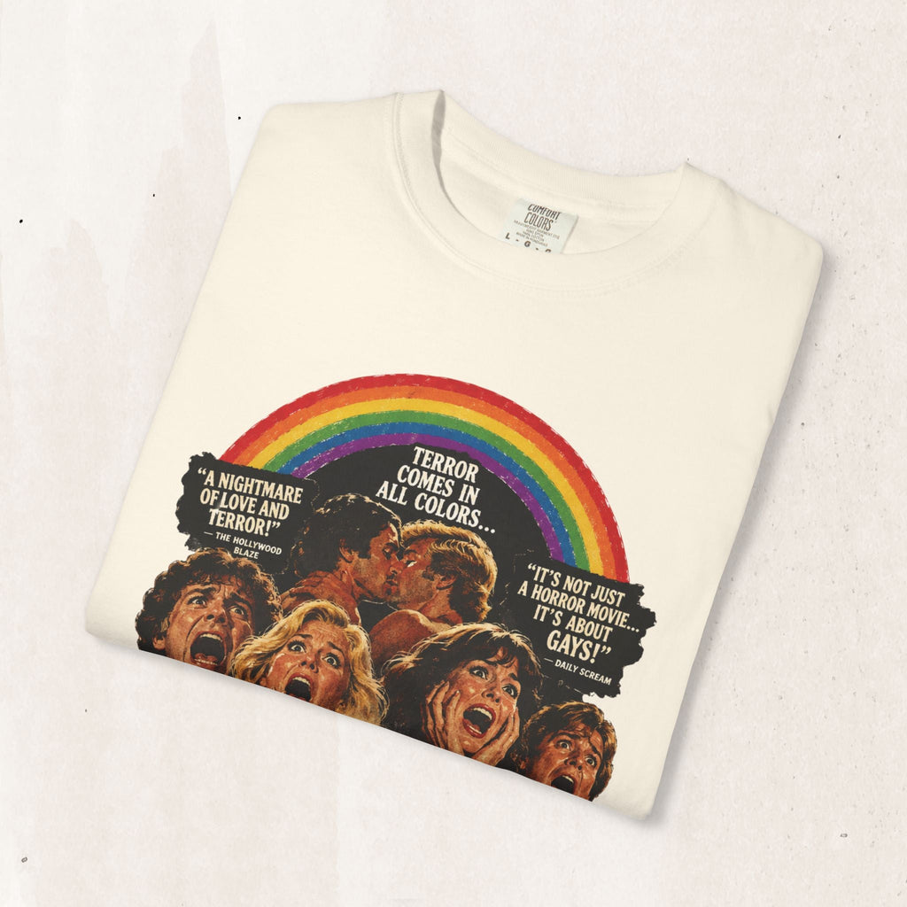 Wicked Thread Society off-white cotton t-shirt with a vintage horror movie poster graphic and rainbow print.