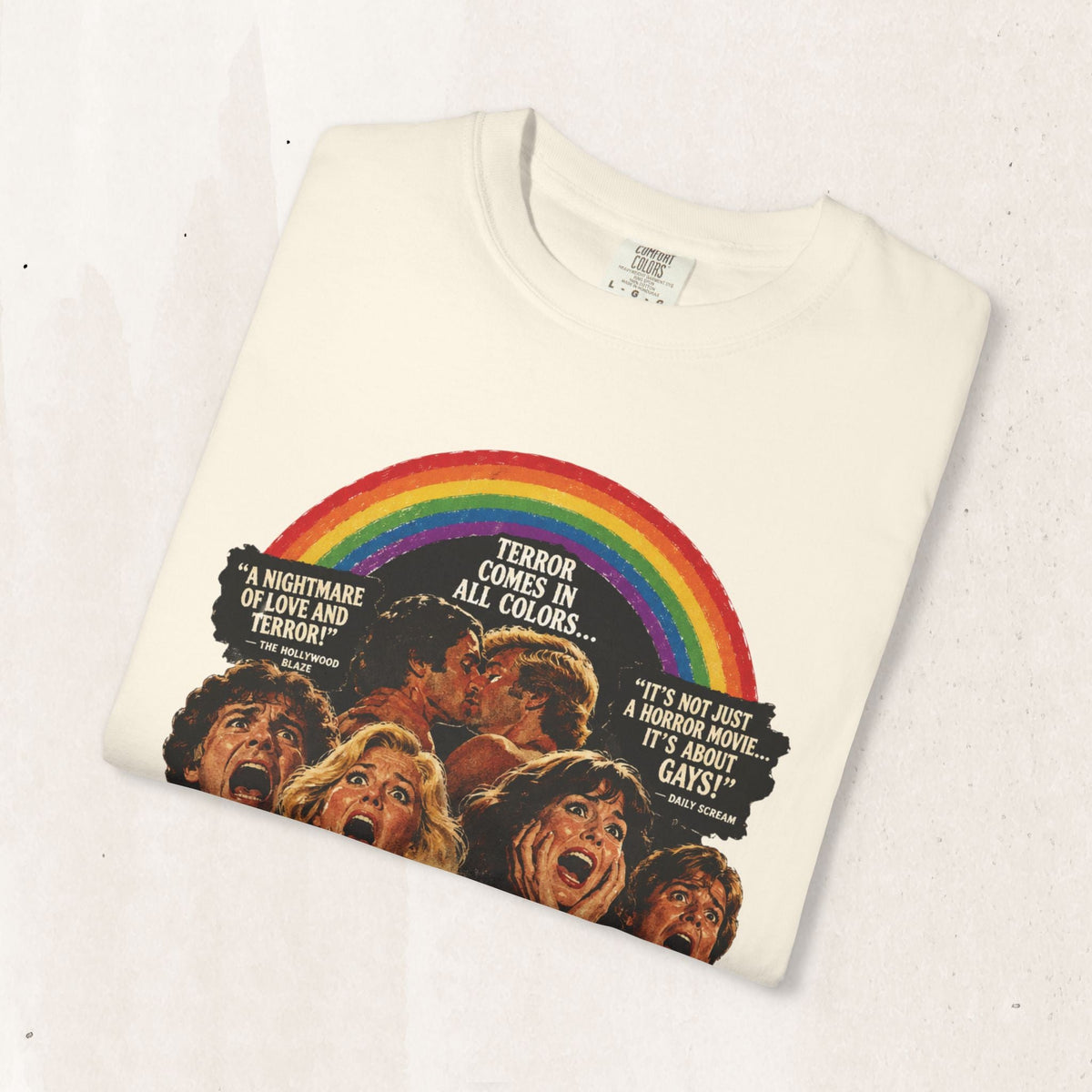 Wicked Thread Society off-white cotton t-shirt with a vintage horror movie poster graphic and rainbow print.