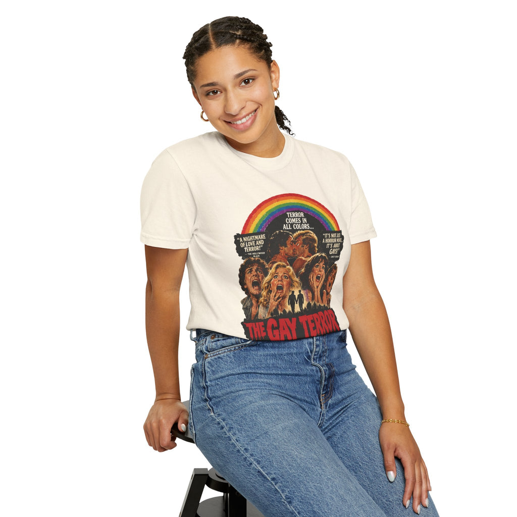 Wicked Thread Society cream heavyweight cotton t-shirt featuring a vintage horror movie poster print with a rainbow.