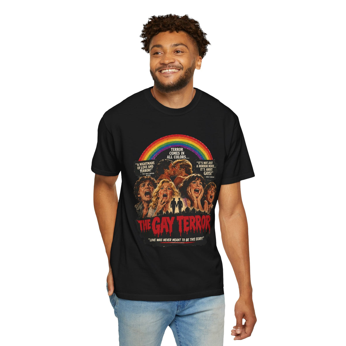 Wicked Thread Society black heavyweight cotton t-shirt featuring a vintage horror movie poster graphic with a rainbow.