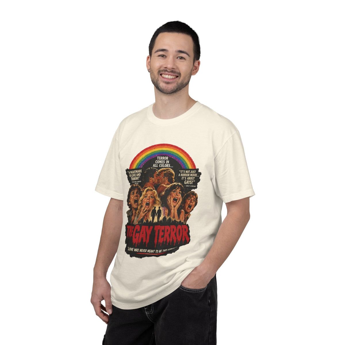 Wicked Thread Society cream heavyweight cotton t-shirt with a vintage horror movie poster graphic and rainbow design.