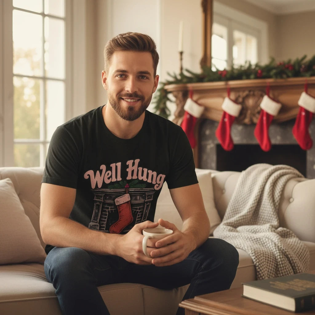 Wicked Thread Society black graphic t-shirt with Well Hung Christmas stocking print worn by a man on a cozy sofa.