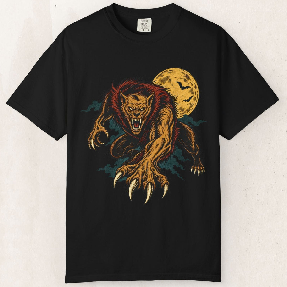 Werewolf Full Moon Tee – Vintage Horror Bat Graphic – Black