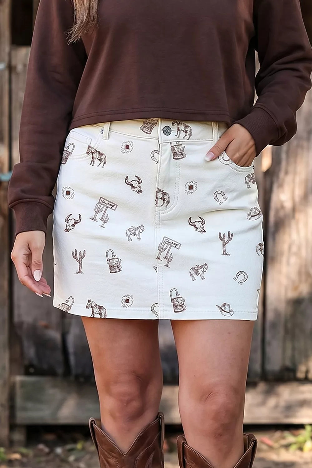 Wicked Thread Society white denim mini skirt with brown western cactus, horse, and bull print and side pockets