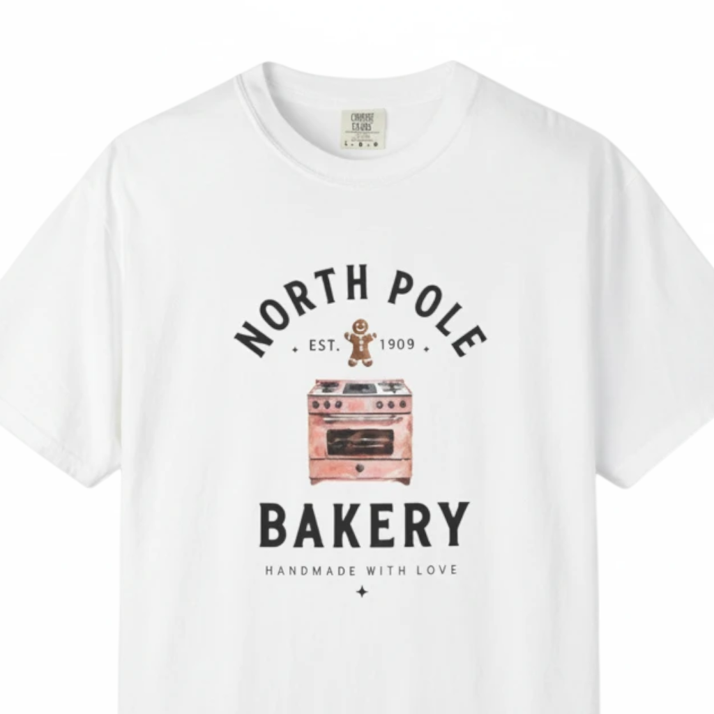 Wicked Thread Society white heavyweight cotton t-shirt featuring a vintage North Pole Bakery oven graphic.