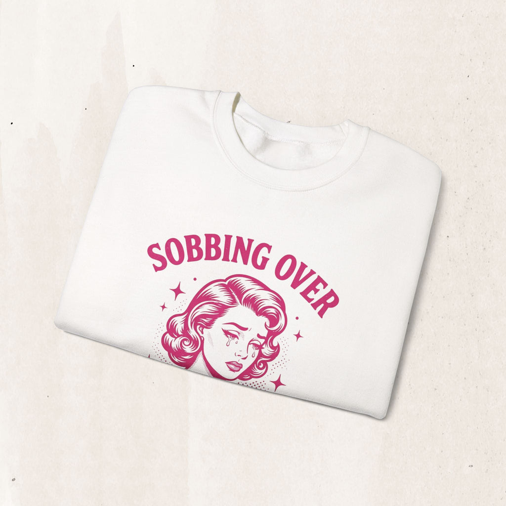 Wicked Thread Society white crewneck sweatshirt with a retro pink graphic of a crying woman and bookish text.
