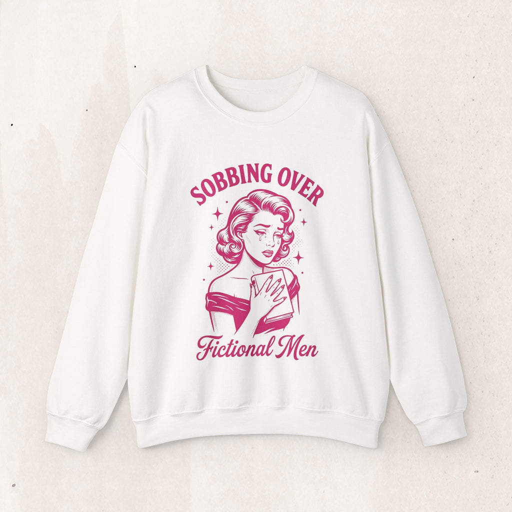 Wicked Thread Society white crewneck sweatshirt with a retro pink graphic of a crying woman holding a book.
