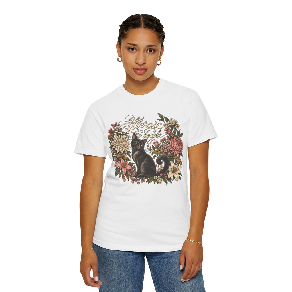 Wicked Thread Society white t-shirt featuring a black cat illustration with a floral wreath and script text