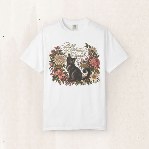 Wicked Thread Society white graphic t-shirt featuring a black cat illustration surrounded by a vintage floral wreath.