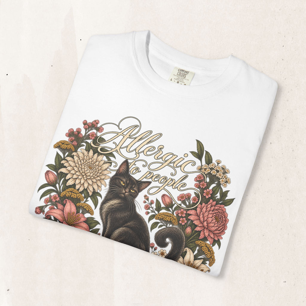 Wicked Thread Society white graphic t-shirt featuring a black cat illustration surrounded by a vintage floral wreath.