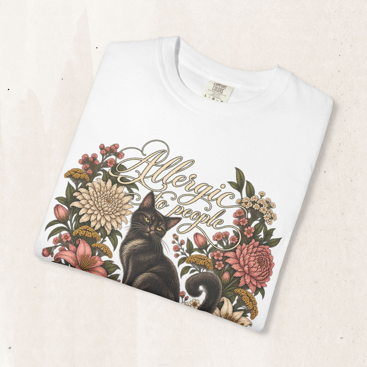 Wicked Thread Society white graphic t-shirt featuring a black cat illustration surrounded by a vintage floral wreath.