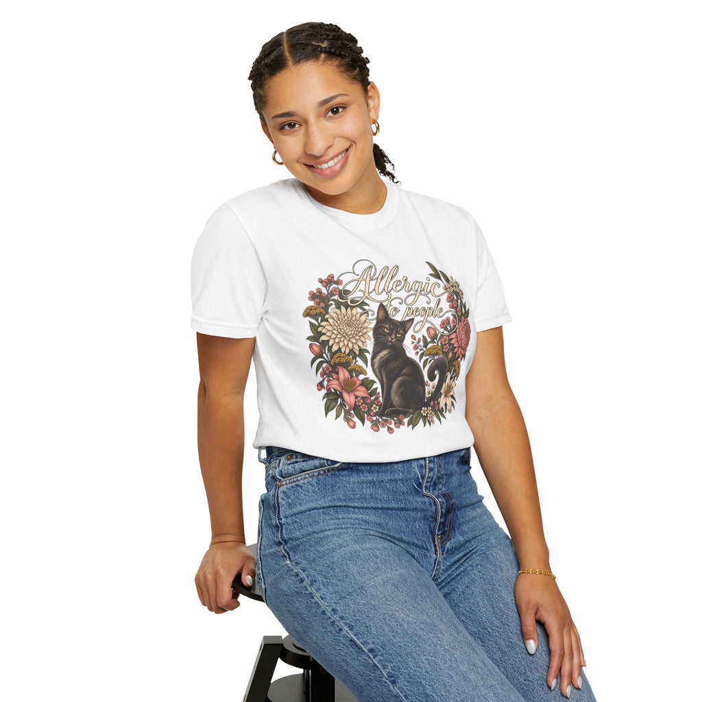 Wicked Thread Society white graphic t-shirt featuring a black cat and floral wreath with Allergic to People text