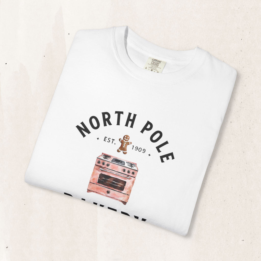 Wicked Thread Society white heavyweight cotton Christmas t-shirt with a vintage North Pole Bakery oven graphic.