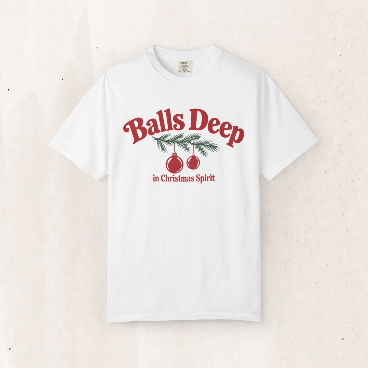 Wicked Thread Society white graphic tee with retro red ornaments and pine branch design for Christmas.