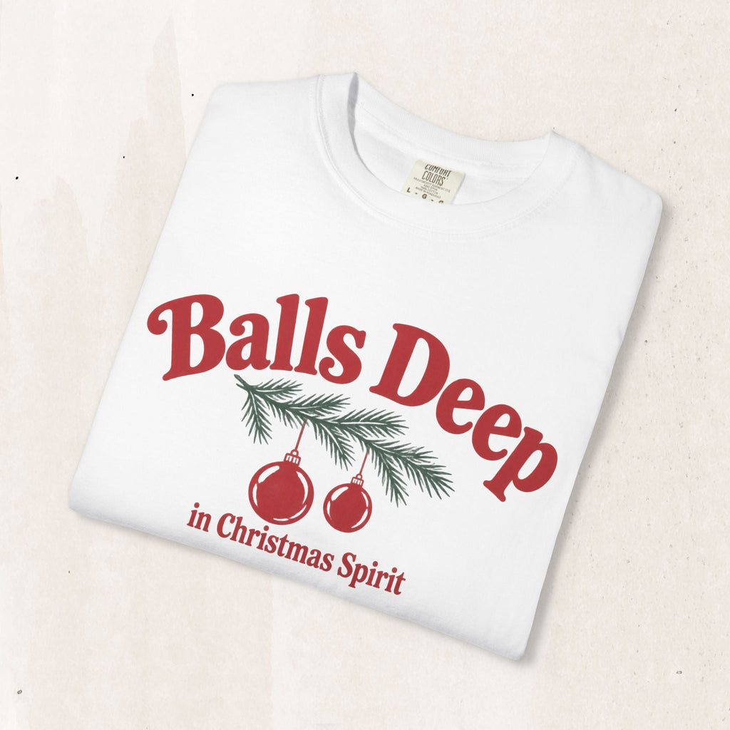 Wicked Thread Society white graphic tee with retro red Christmas ornament design and humorous holiday text