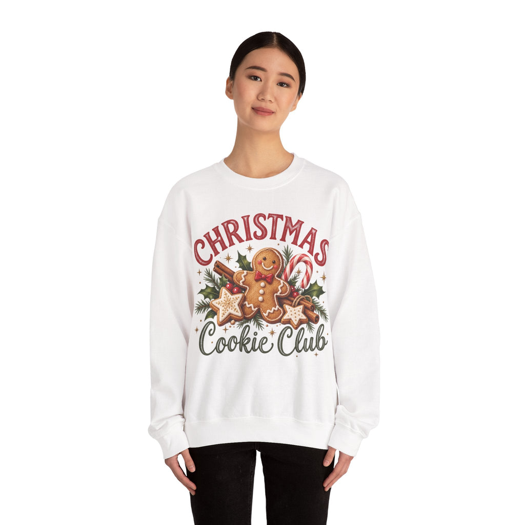 Wicked Thread Society white crewneck sweatshirt featuring a gingerbread man, candy cane, and Christmas Cookie Club text