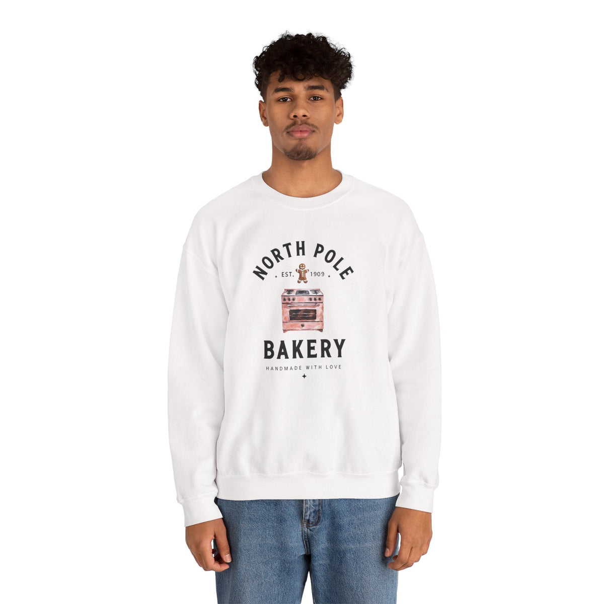 Wicked Thread Society white crewneck sweatshirt featuring a vintage North Pole Bakery oven and gingerbread man graphic