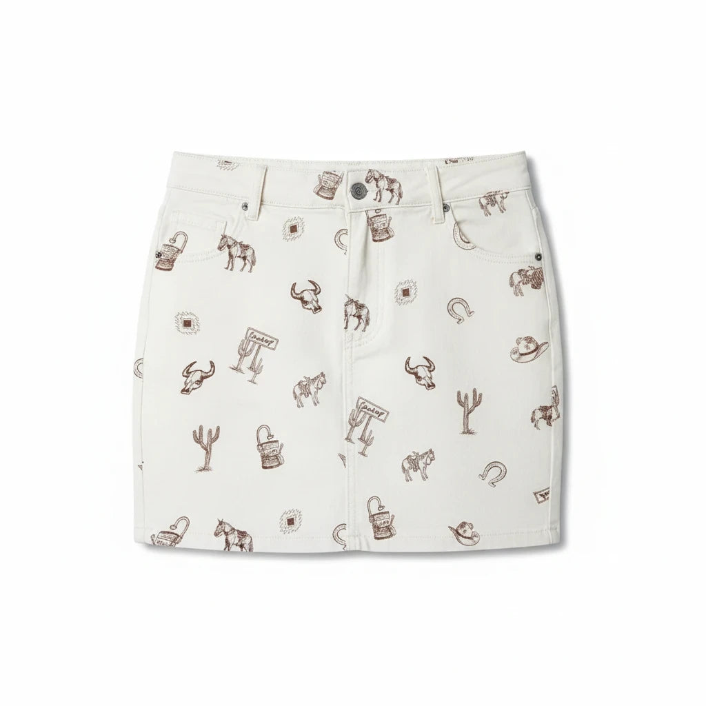 Wicked Thread Society white denim mini skirt featuring a brown western print with cactus, horse, and bull motifs.