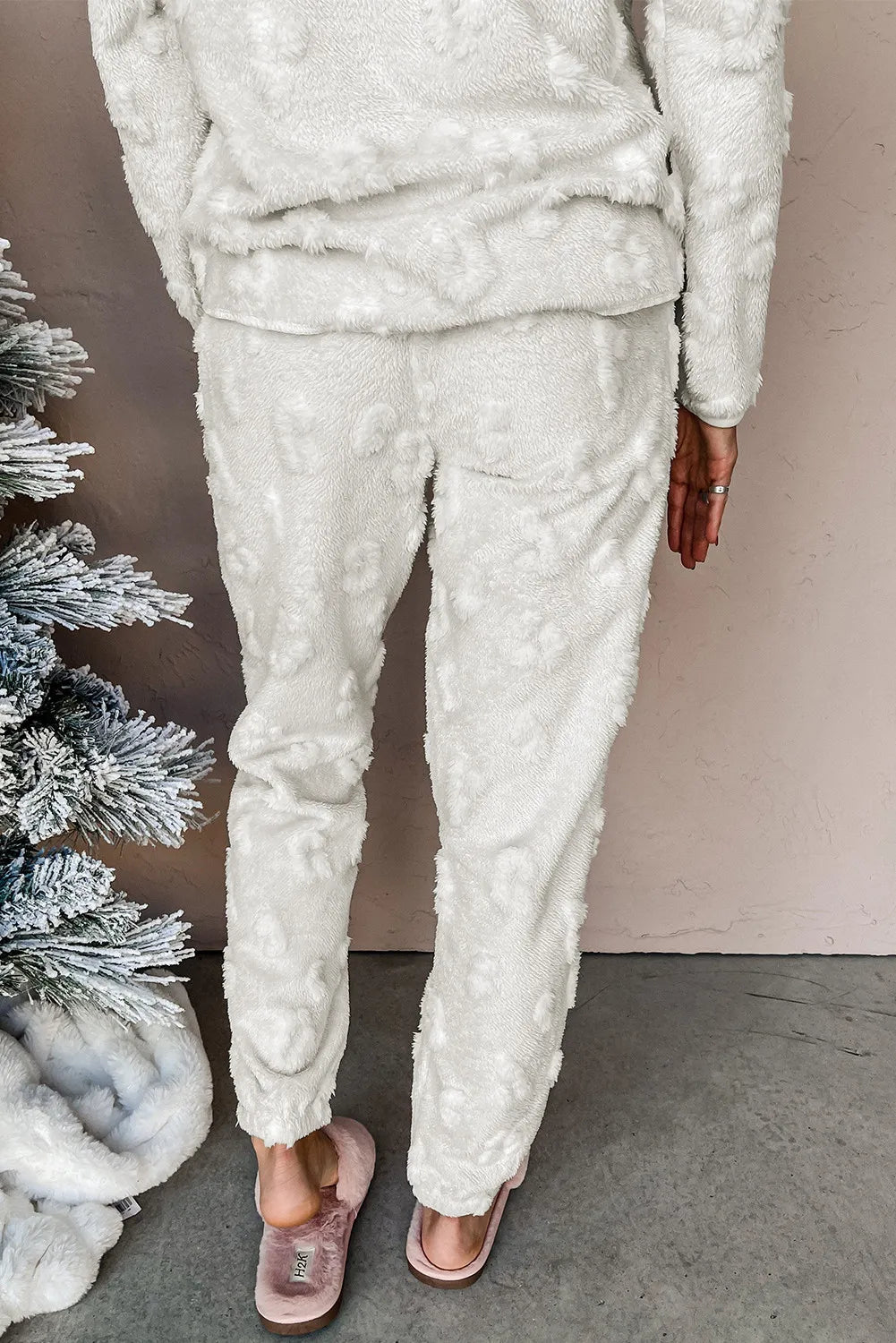 Wicked Thread Society white textured fleece lounge set with long sleeve top and pants, back view