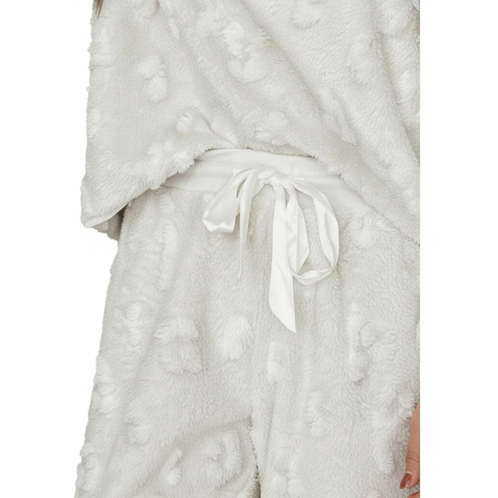 Wicked Thread Society white fuzzy two-piece lounge set with a drawstring waist and textured polyester fabric