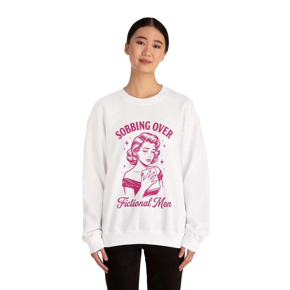 Wicked Thread Society white crewneck sweatshirt with a pink retro graphic of a woman reading a book