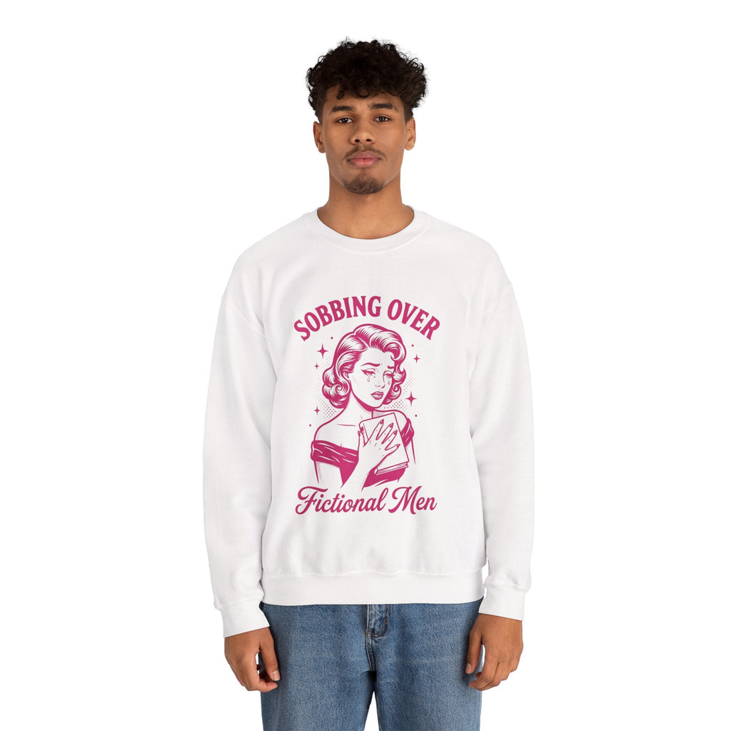 Wicked Thread Society white crewneck sweatshirt with a pink retro graphic of a woman reading and crying.